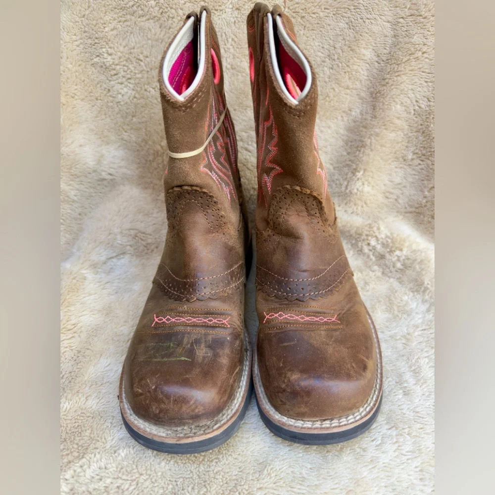 ARIAT GIRLS' FATBABY POWDER BROWN PINK LEATHER WESTERN ROUND TOE‎ BOOTS Sz 3 EUC